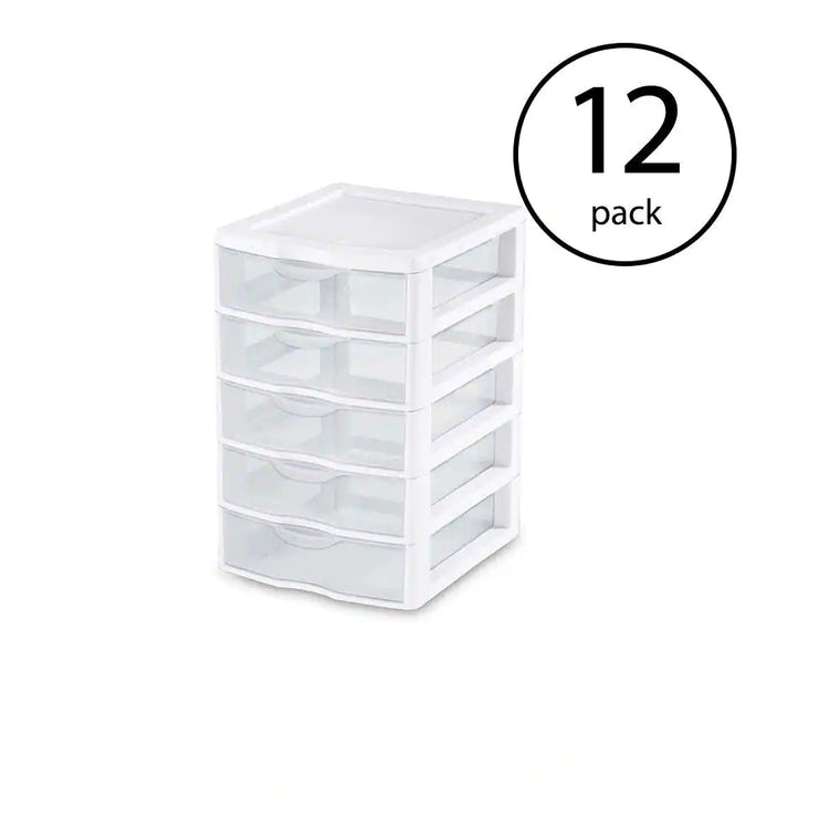 12-Pack Clearview Small Plastic Desktop Storage Units by Sterilite, Each with 5 Drawers in White