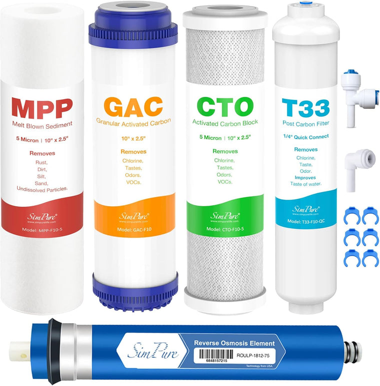 SimPure 5-Stage Reverse Osmosis Replacement Filter Set with 75 GPD Membrane and 5-Piece Pre- and Post-Filter Cartridge Kit