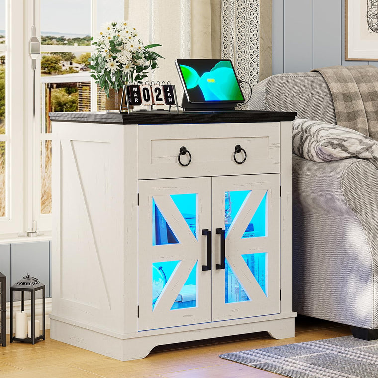 White Farmhouse End Table and Nightstand with Charging Station and LED Lights for Living Room or Bedroom